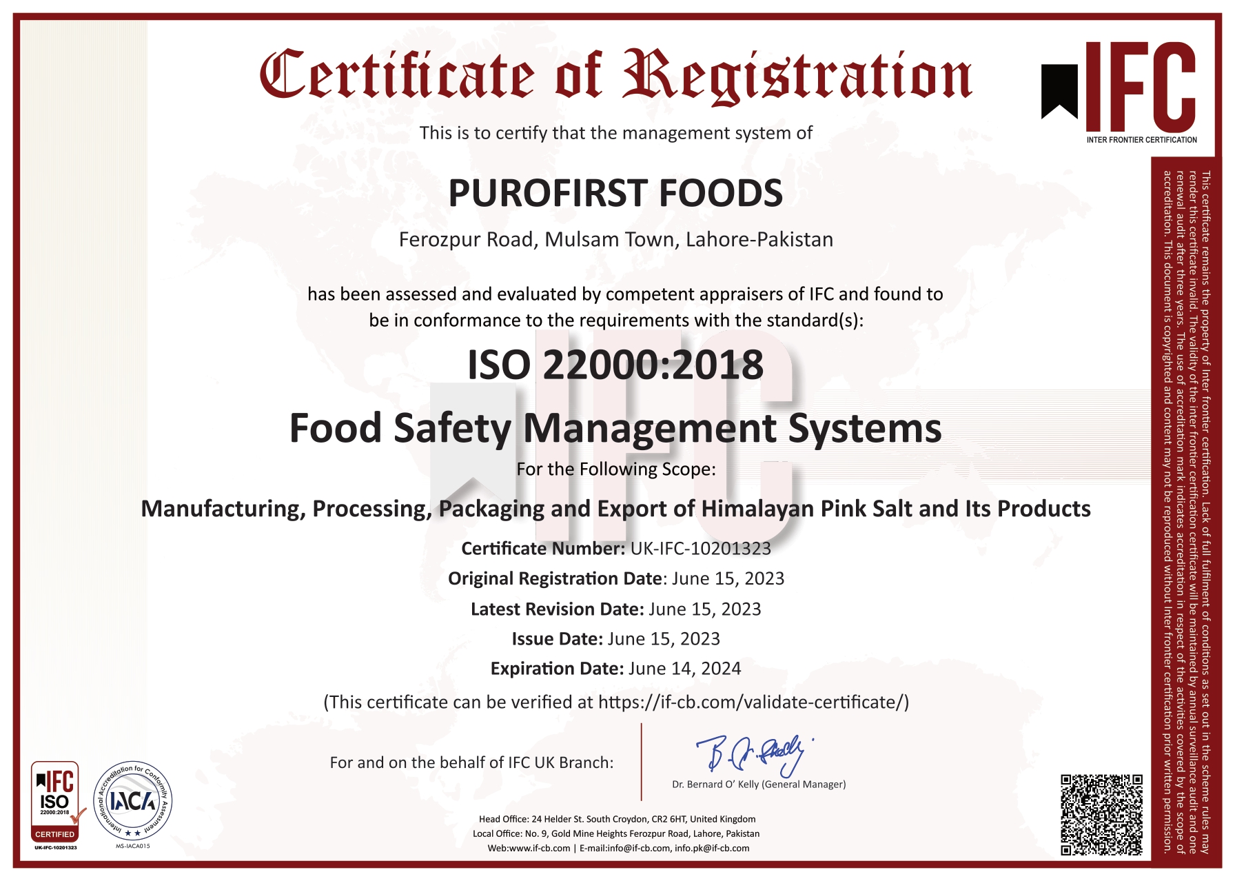 PuroFirst Foods ISO 22000 Certificate 