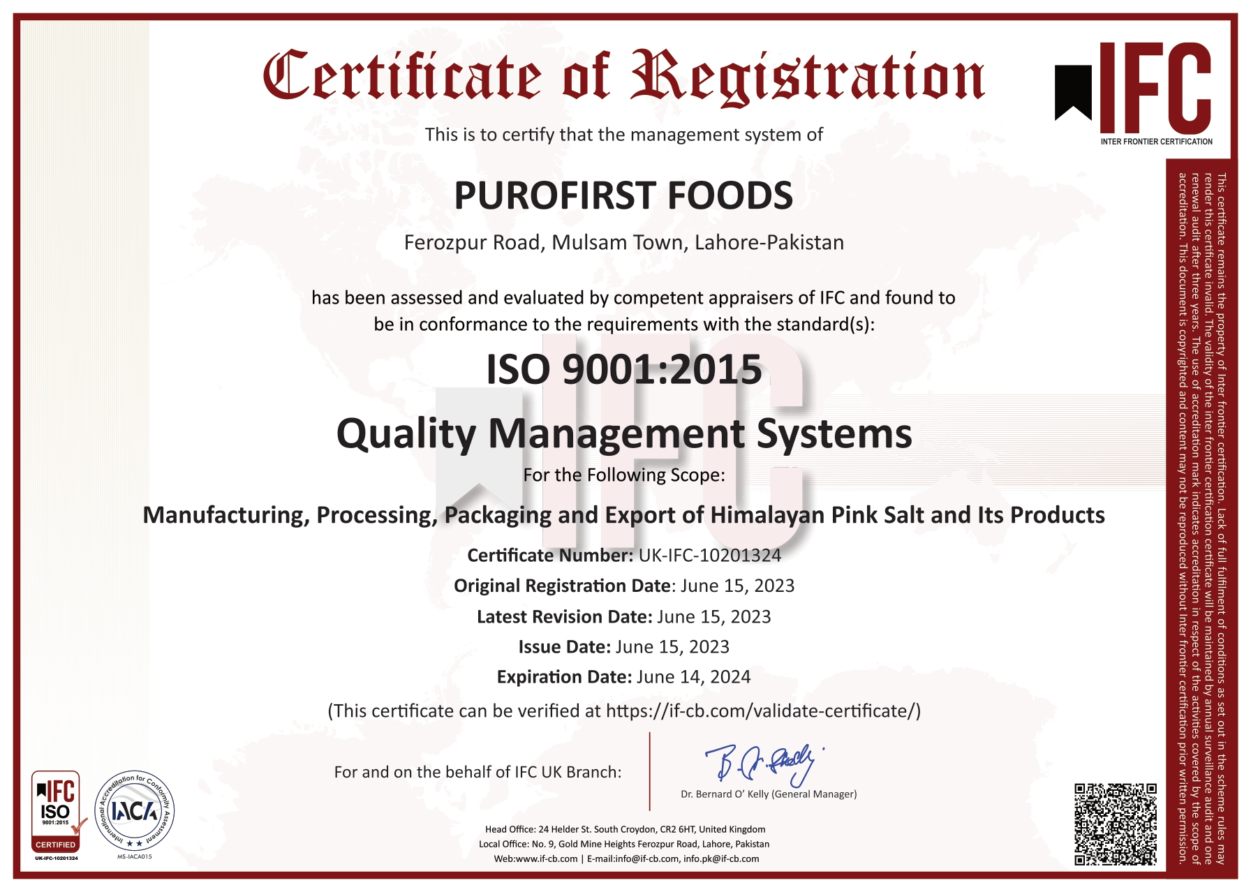 PuroFirst Foods ISO 9001 Certificate IFC